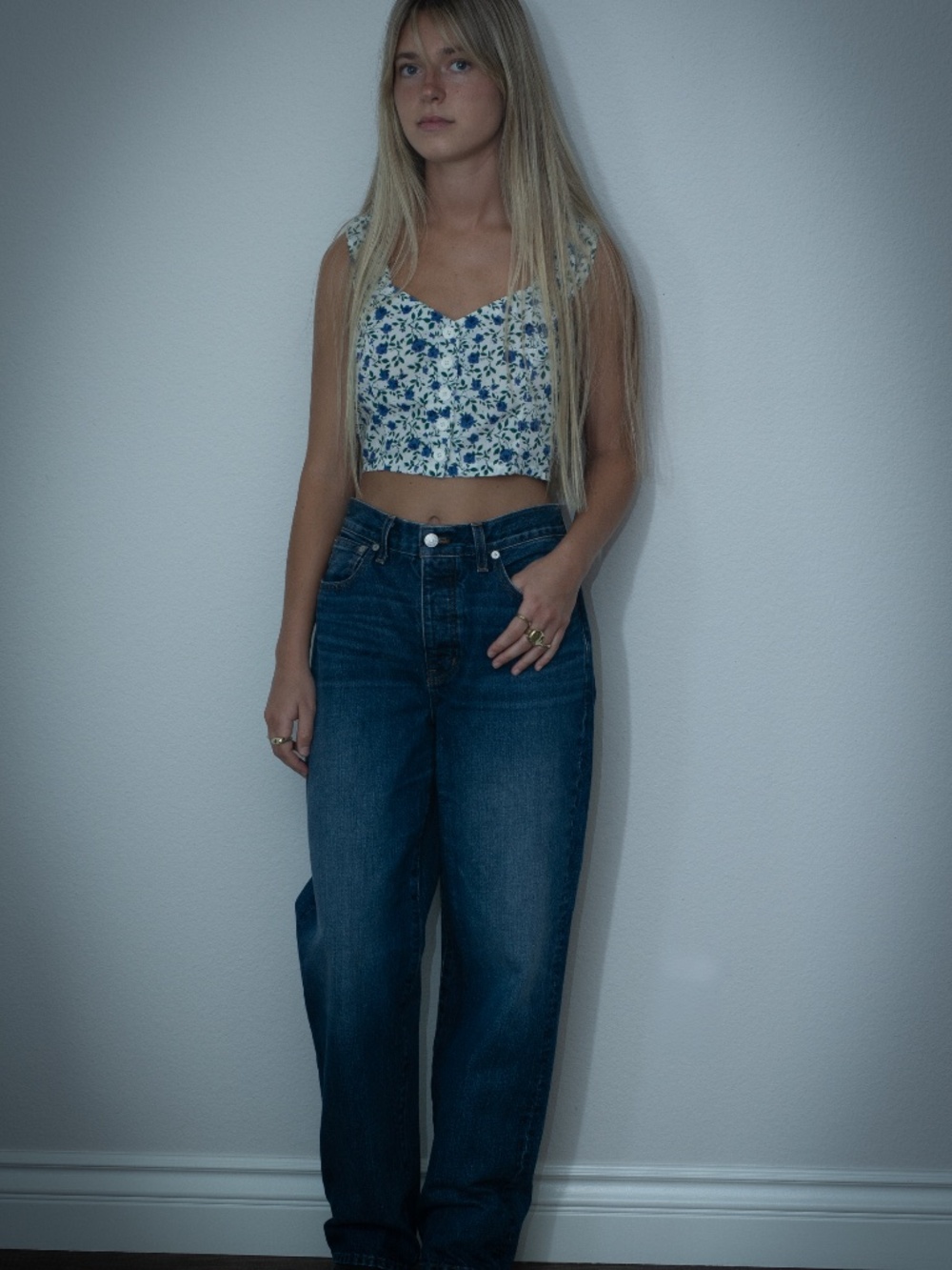 Vintage Blue and White Floral Crop Tank Top - Picture 2 of 3